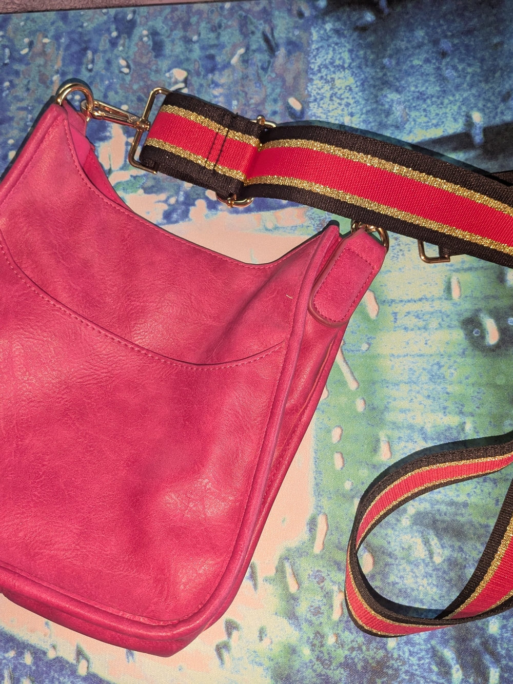 Hot Pink Leather Crossbody with Striped Adjustable Strap